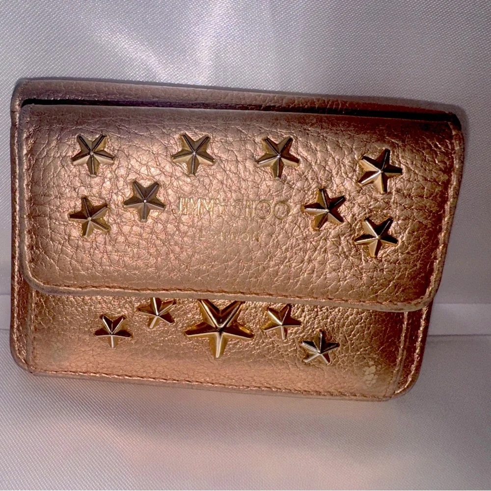 Jimmy Choo Mini Trifold Wallet Star Studded Nino Copper Metallic Leather EUC - Picture 11 of 11